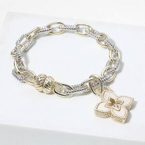 Two Tone 14KGP Mother of Pearl Charm Bracelet Magnetic Closure